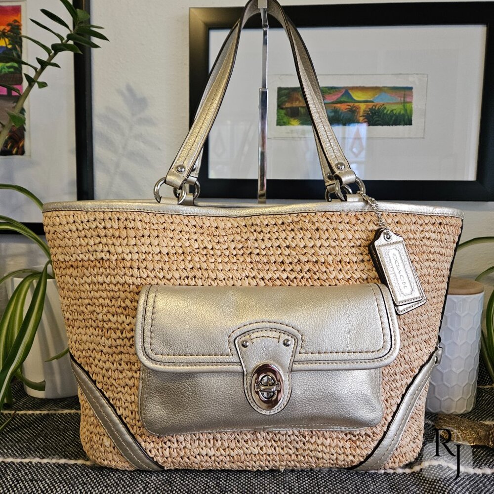 Coach Straw Pocket Tote – Natural/Gold – #22094